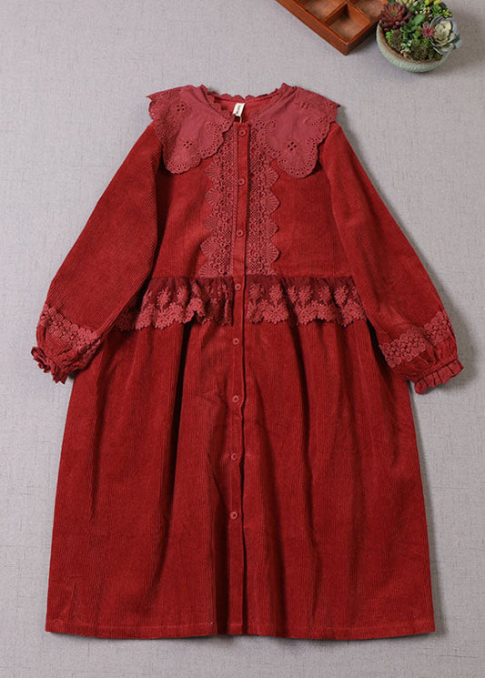 Boho Maulbeerspitze Patchwork Cordkleid Langarm