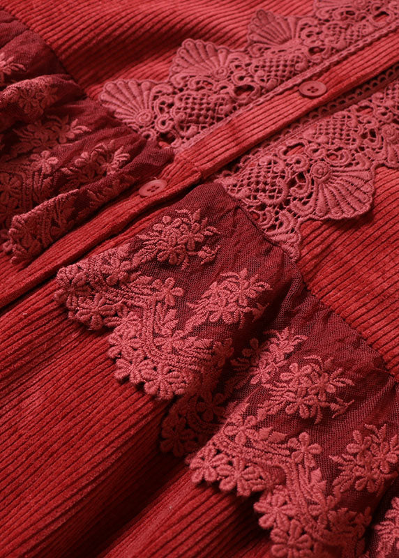 Boho Mulberry Lace Patchwork Corduroy Dress Long Sleeve