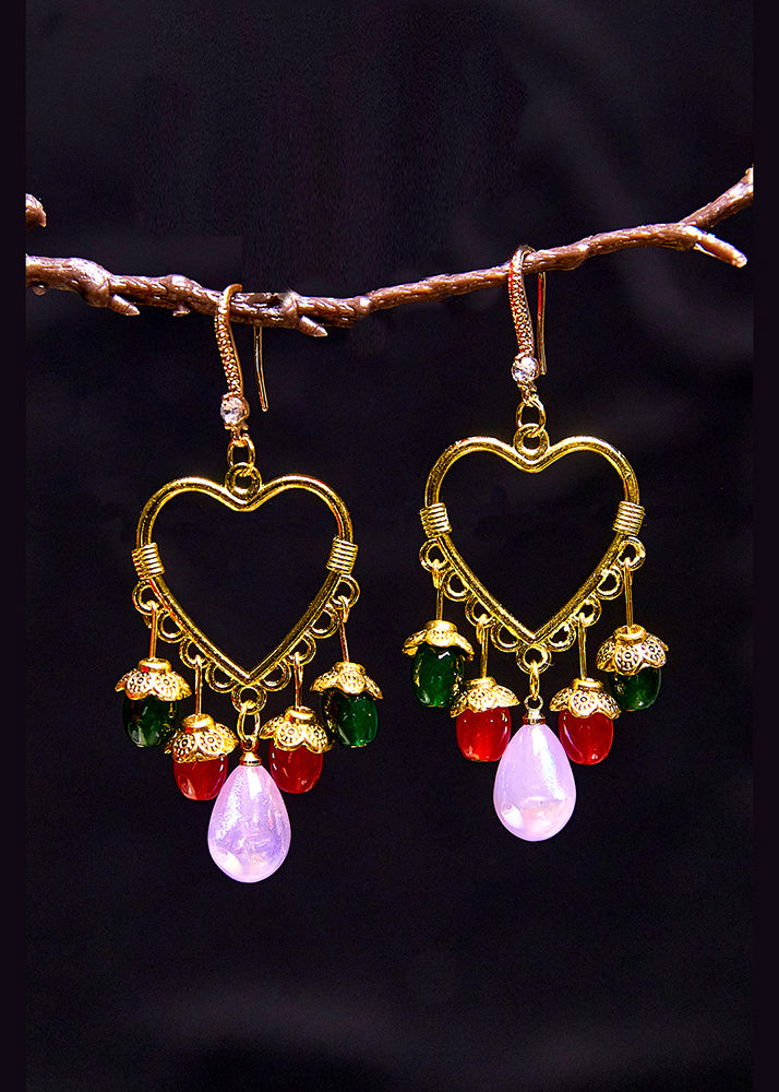 Pendientes colgantes con borlas y cuentas multicolores estilo bohemio en forma de corazón