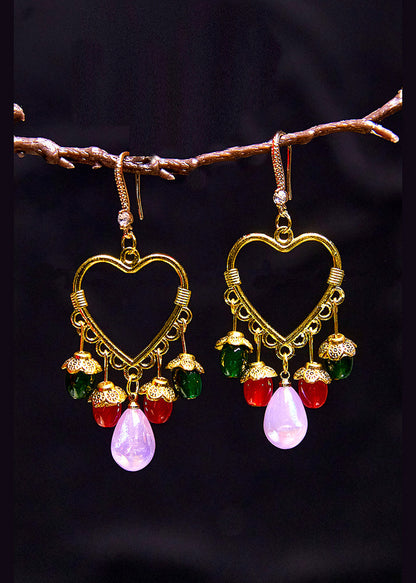 Pendientes colgantes con borlas y cuentas multicolores estilo bohemio en forma de corazón