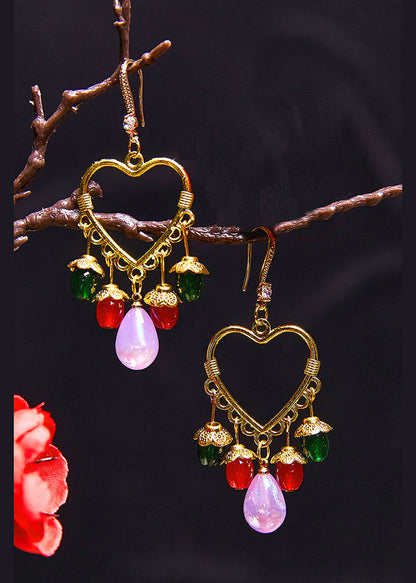 Pendientes colgantes con borlas y cuentas multicolores estilo bohemio en forma de corazón
