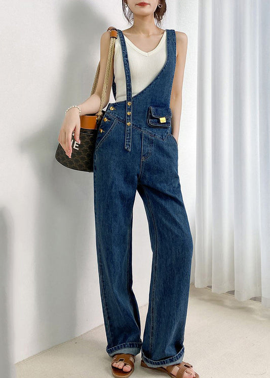 Boho Navy Asymmetrical Design Denim Jumpsuits Summer