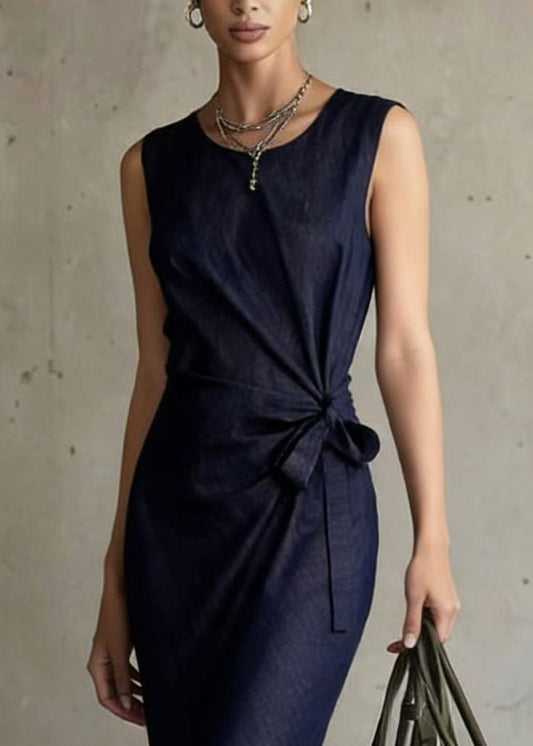 Boho Navy Asymmetrical Design Denim Long Dresses Sleeveless