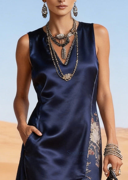 Boho Navy Asymmetrical Patchwork Side Open Silk Holiday Dress Sleeveless