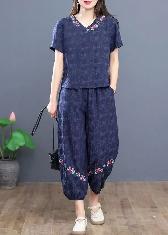 Boho Navy Embroidered Cotton Two Pieces Set Summer