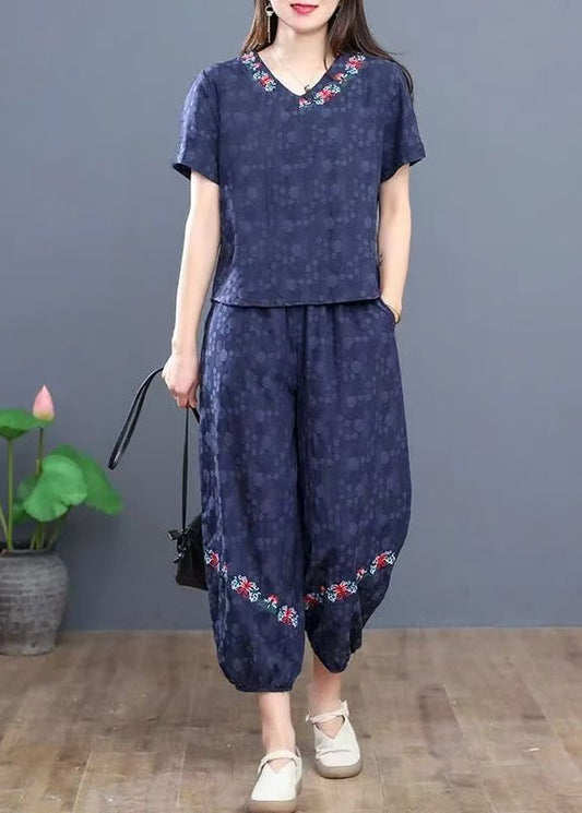 Boho Navy Embroidered Cotton Two Pieces Set Summer