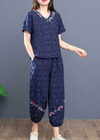 Boho Navy Embroidered Cotton Two Pieces Set Summer