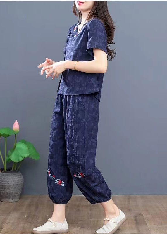 Boho Navy Embroidered Cotton Two Pieces Set Summer