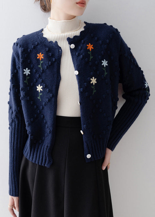 Boho Navy Embroidered Fuzzy Ball Decorated Knit Jacket Winter