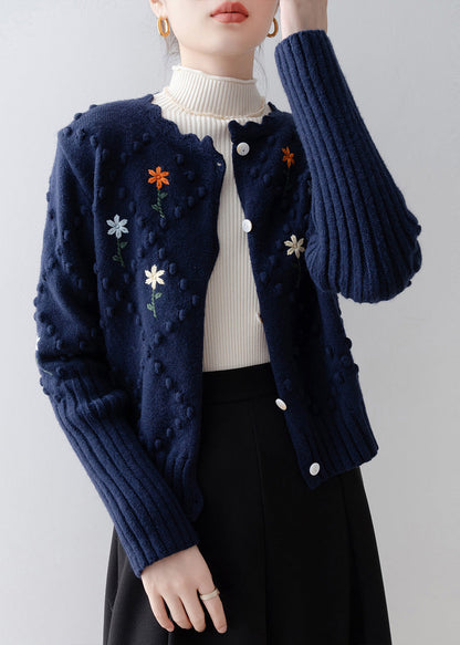 Boho Navy Embroidered Fuzzy Ball Decorated Knit Jacket Winter
