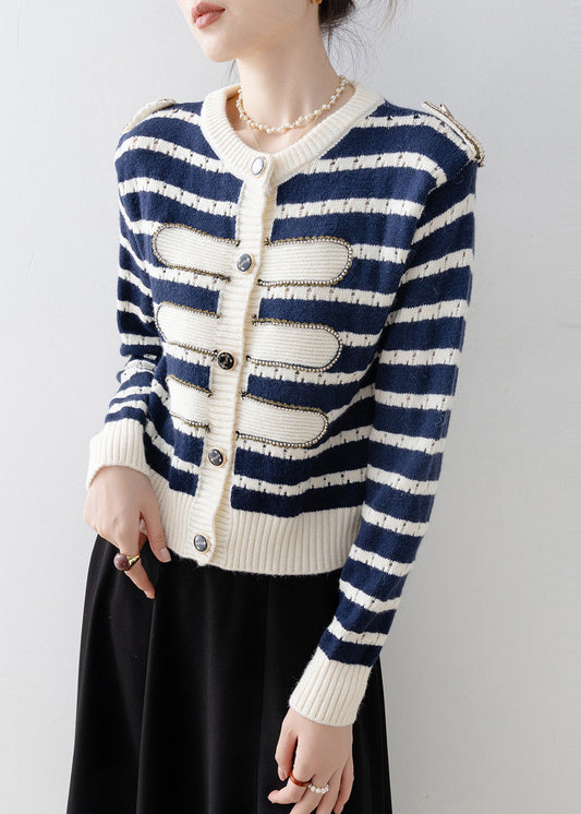 Boho Navy O-Neck Striped Knit Cardigan Spring
