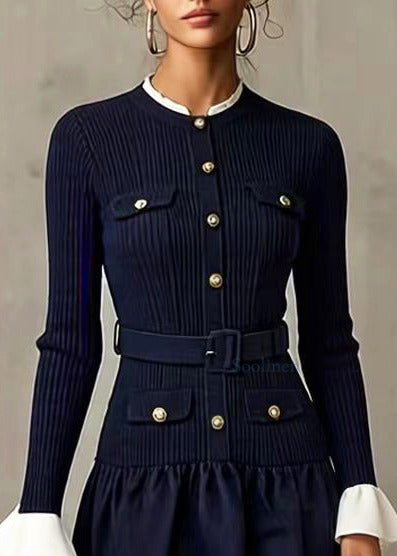 Boho Navy Patchwork Knit Tunic Dresses Flare Sleeve