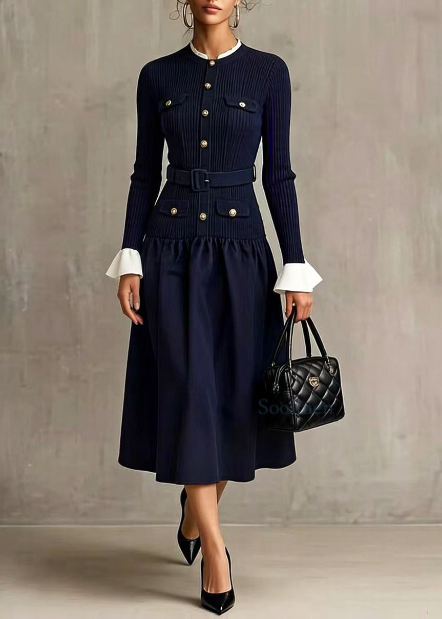 Boho Navy Patchwork Knit Tunic Dresses Flare Sleeve