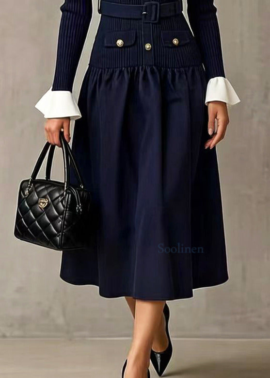 Boho Navy Patchwork Knit Tunic Dresses Flare Sleeve