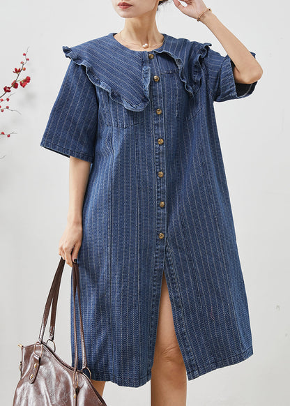Boho Navy Peter Pan Kragen Gestreiftes Denim Midikleid Sommer