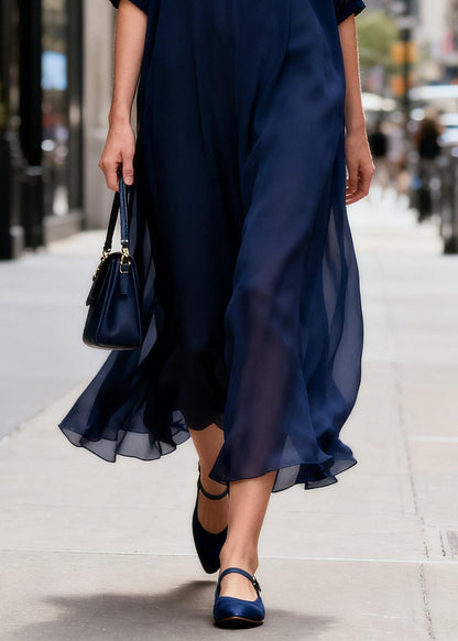Boho Navy V Neck Chiffon Ankle Dress Summer