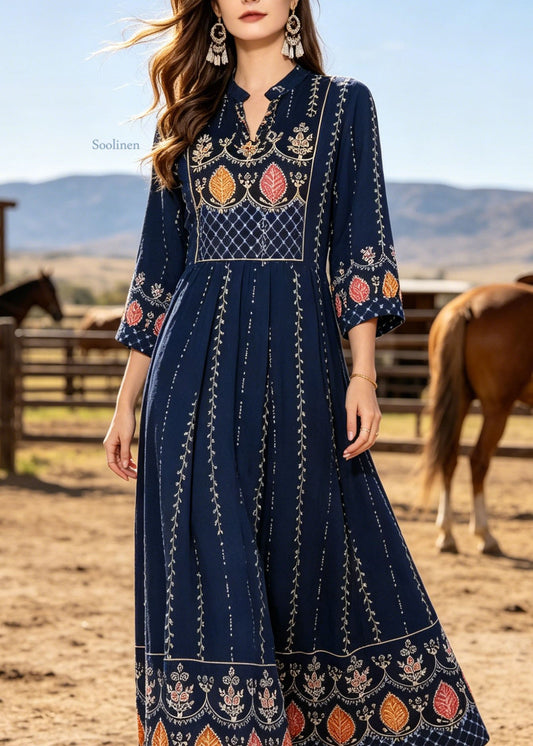 Boho Navy V Neck Print Cotton Maxi Dresses Bracelet Sleeve