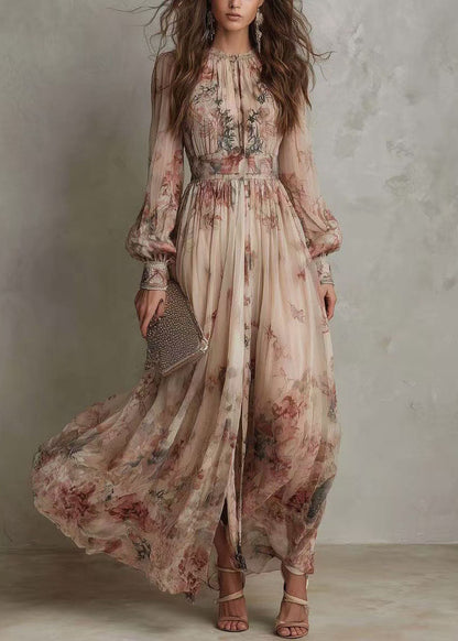 Boho O Neck Wrinkled Print Chiffon Long Dress Fall