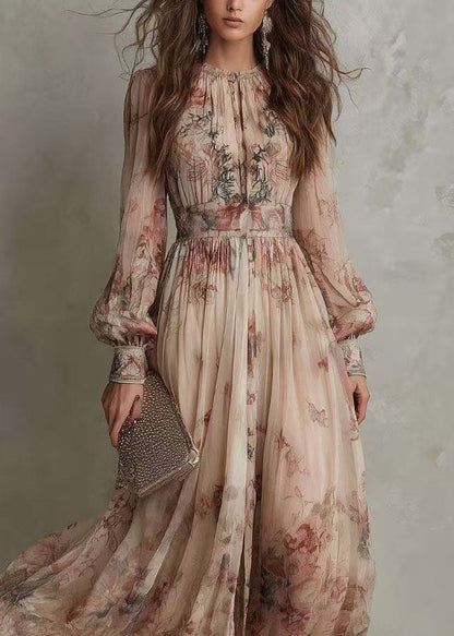 Boho O Neck Wrinkled Print Chiffon Long Dress Fall