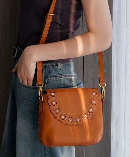 Boho Orange Embroidery Leather Cross-body Bag