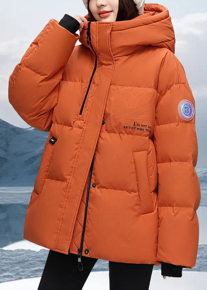 Boho-Orange Kapuzenmantel mit Buchstabenmuster und Entendaunenmuster für den Winter