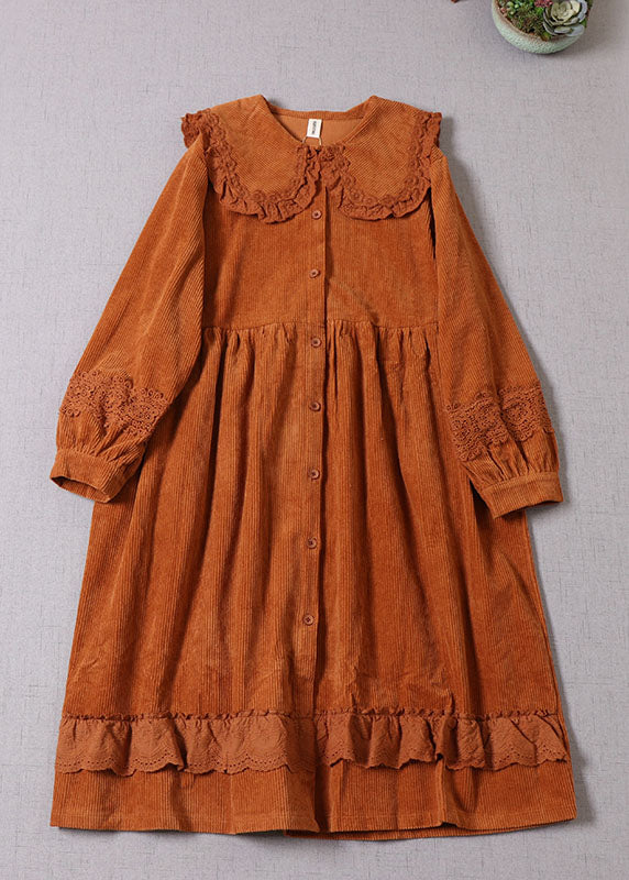 Boho Orange Peter Pan Kragen Patchwork Cord Maxi Kleider Winter