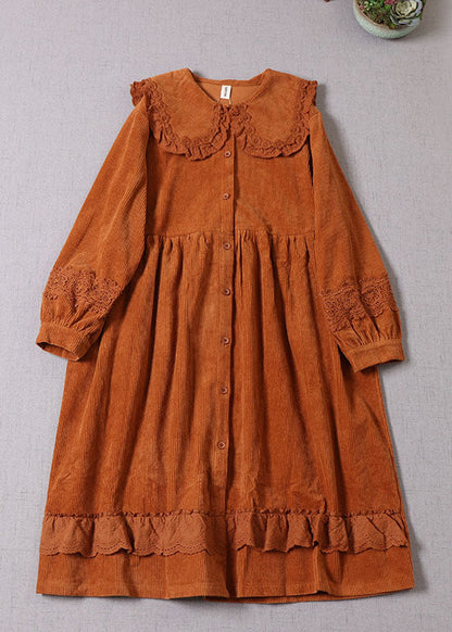 Boho Orange Peter Pan Kragen Patchwork Cord Maxi Kleider Winter