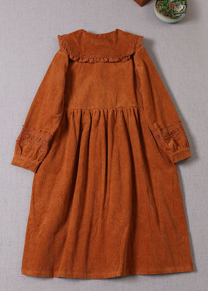 Boho Orange Peter Pan Kragen Patchwork Cord Maxi Kleider Winter