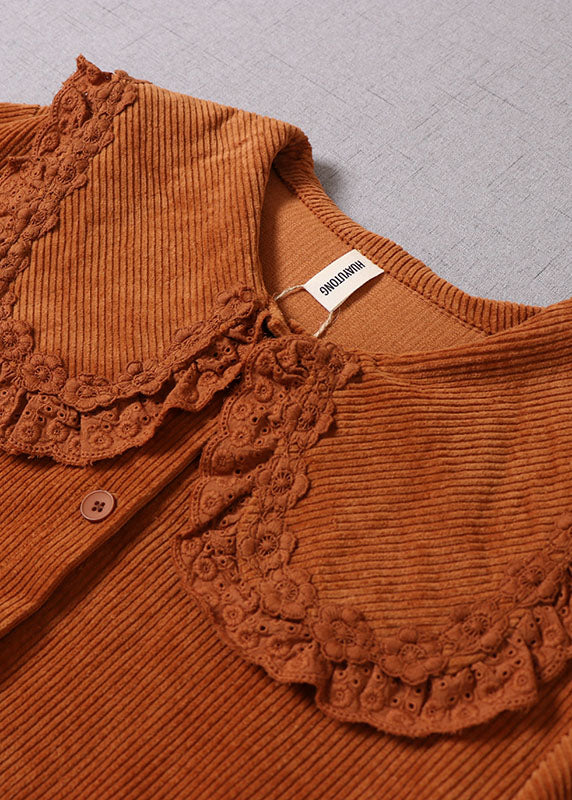 Boho Orange Peter Pan Kragen Patchwork Cord Maxi Kleider Winter