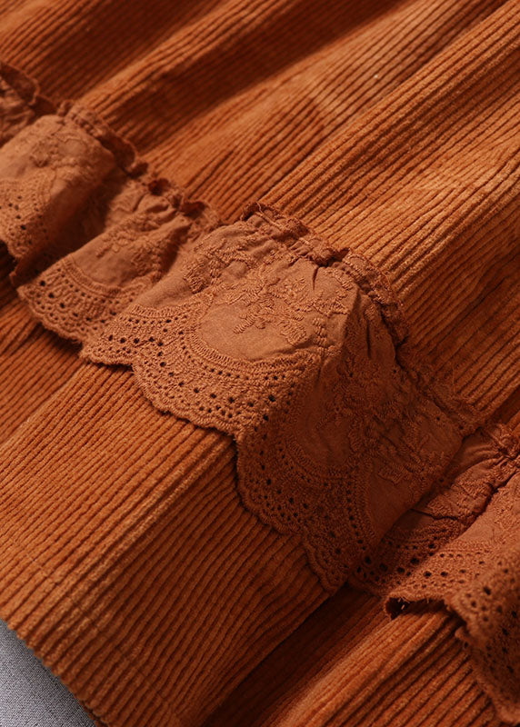 Boho Orange Peter Pan Kragen Patchwork Cord Maxi Kleider Winter