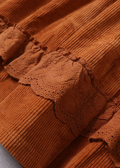 Boho Orange Peter Pan Kragen Patchwork Cord Maxi Kleider Winter