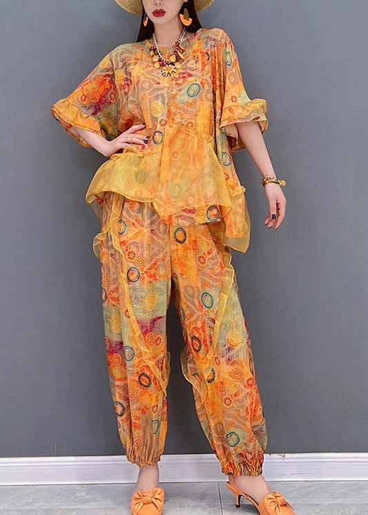 Boho Orange Rüschen asymmetrisches Design Patchwork Tüll Tops und Hosen Zweiteiler Set Sommer