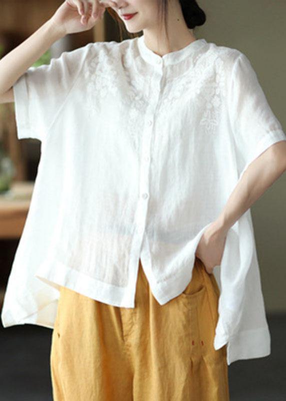 Boho Orange Summer Side Open Stand Collar Ramie Loose Short Sleeve - SooLinen