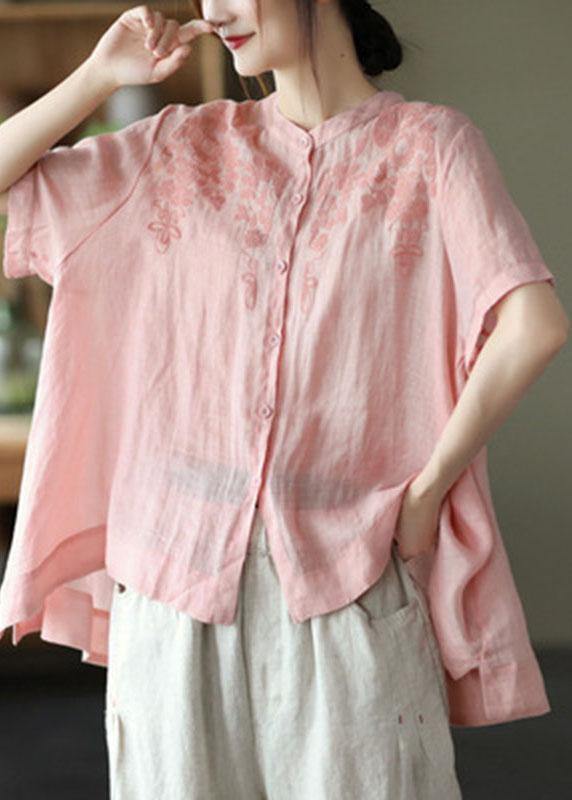 Boho Orange Summer Side Open Stand Collar Ramie Loose Short Sleeve - SooLinen