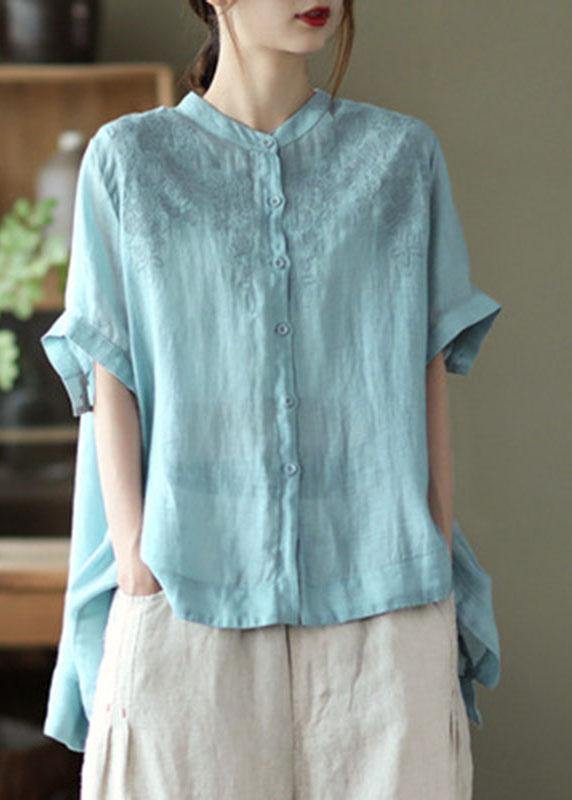 Boho Orange Summer Side Open Stand Collar Ramie Loose Short Sleeve - SooLinen