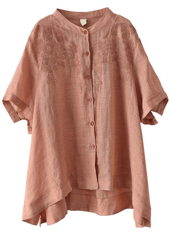 Boho Orange Summer Side Open Stand Collar Ramie Loose Short Sleeve - SooLinen