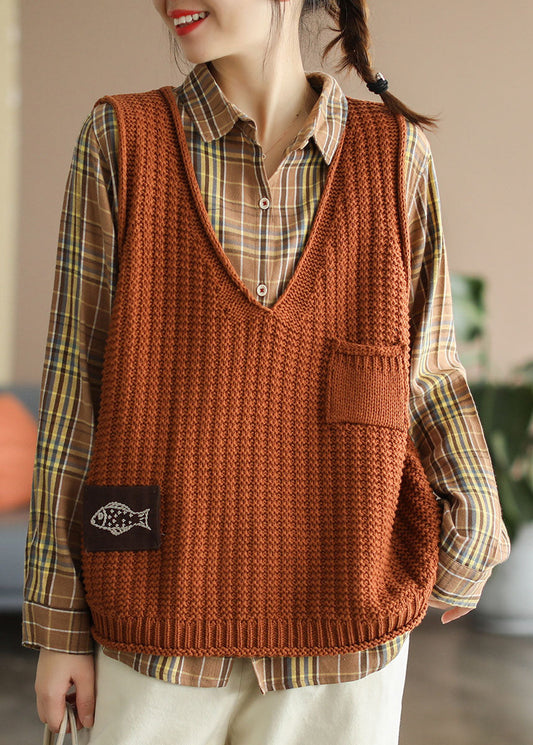 Boho Orange V-Ausschnitt Taschen Strick Tank Tops Ärmellos