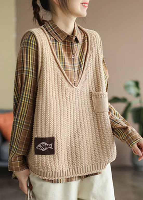 Boho Orange V Neck Pockets Knit Tank Tops Sleeveless