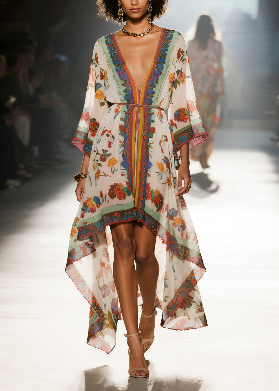 Boho Oversized Print Low High Design Chiffon Beach Dresses Summer