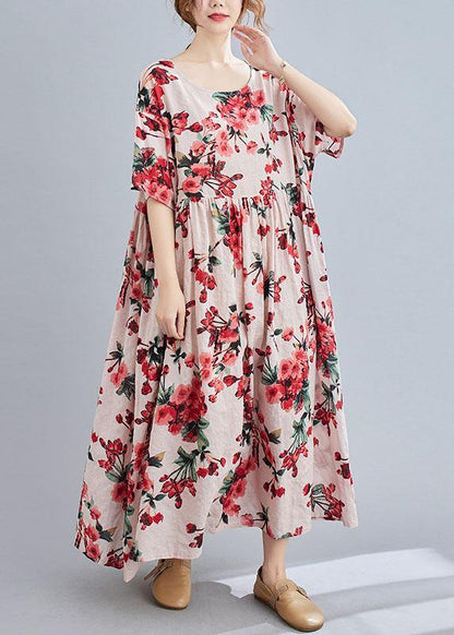 Boho Pink  Floral  O-Neck Patchwork Summer Half Sleeve Dresses - SooLinen