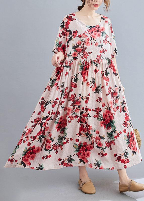 Boho Pink  Floral  O-Neck Patchwork Summer Half Sleeve Dresses - SooLinen