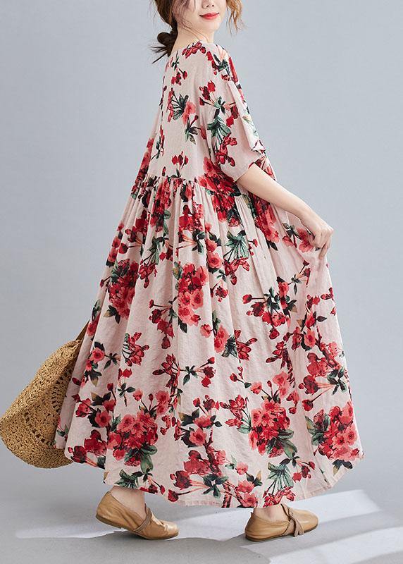 Boho Pink  Floral  O-Neck Patchwork Summer Half Sleeve Dresses - SooLinen