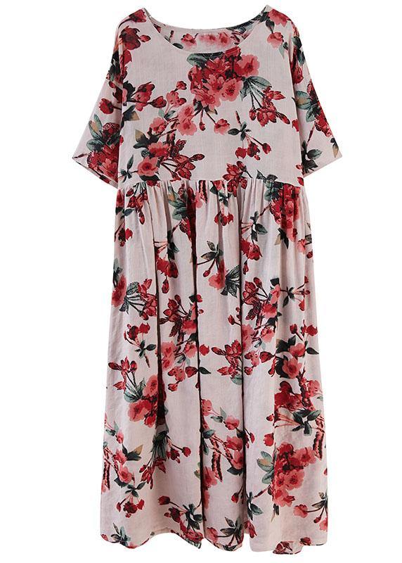 Boho Pink  Floral  O-Neck Patchwork Summer Half Sleeve Dresses - SooLinen