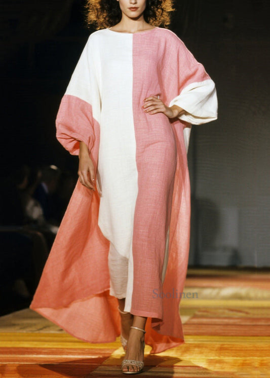 Boho-Kleid aus Baumwolle in Rosa mit asymmetrischem Patchwork-Design und Laternenärmeln