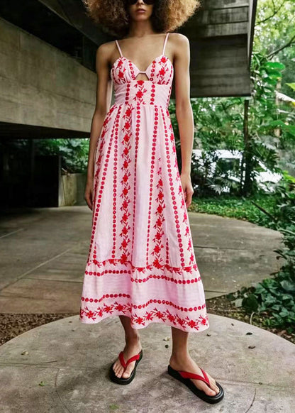 Boho Pink Bustier Embroidered Cotton Spaghetti Strap Dress Summer