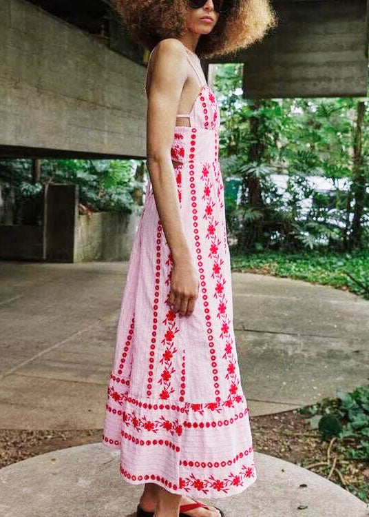 Boho Pink Bustier Embroidered Cotton Spaghetti Strap Dress Summer