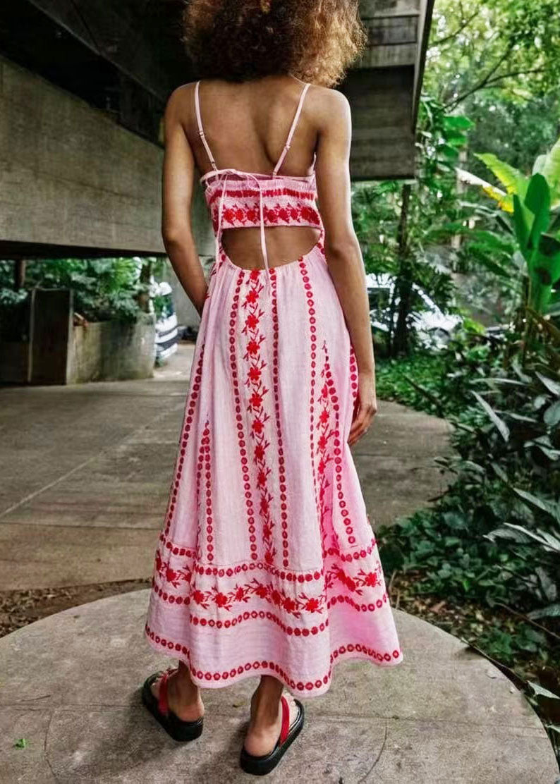 Boho Pink Bustier Embroidered Cotton Spaghetti Strap Dress Summer