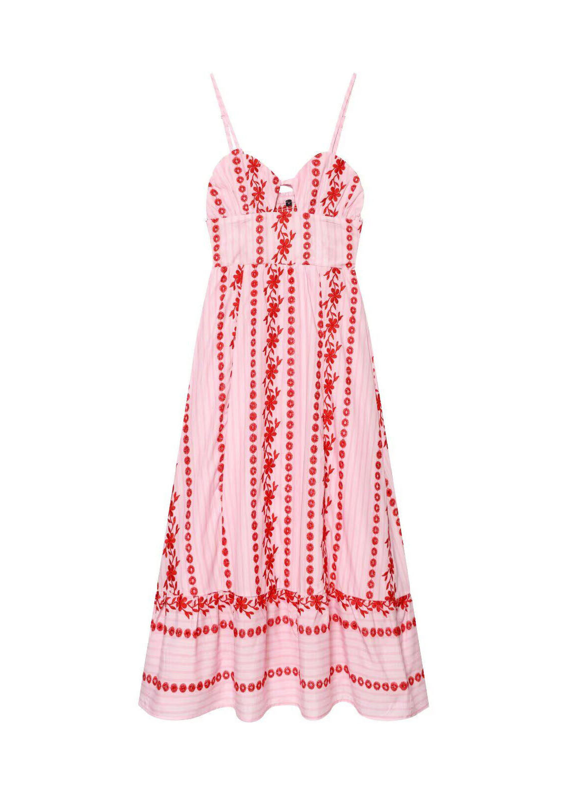 Boho Pink Bustier Embroidered Cotton Spaghetti Strap Dress Summer