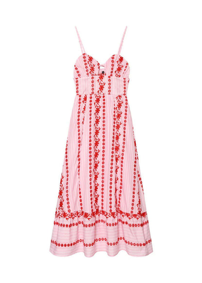 Boho Pink Bustier Embroidered Cotton Spaghetti Strap Dress Summer