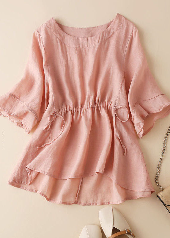 Boho Pink Cinched Patchwork Leinen Bluse Tops Halbarm